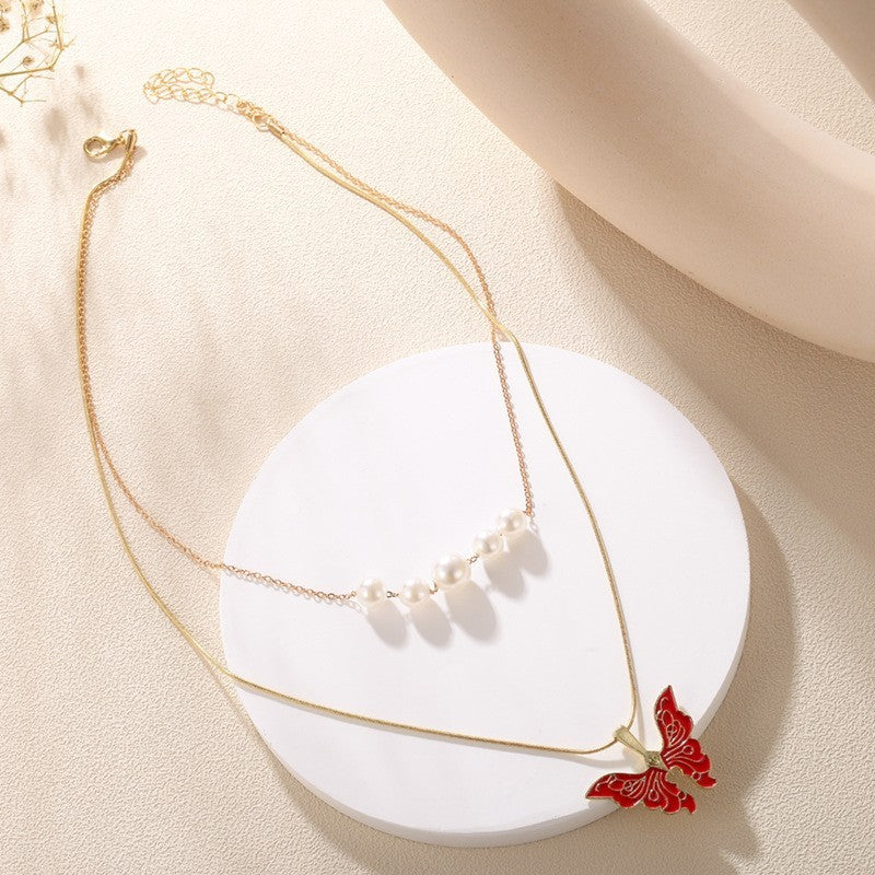 Colorful Butterfly Princess Same Necklace Double Layer Pearl Necklace Colorful Butterfly Neck Chain