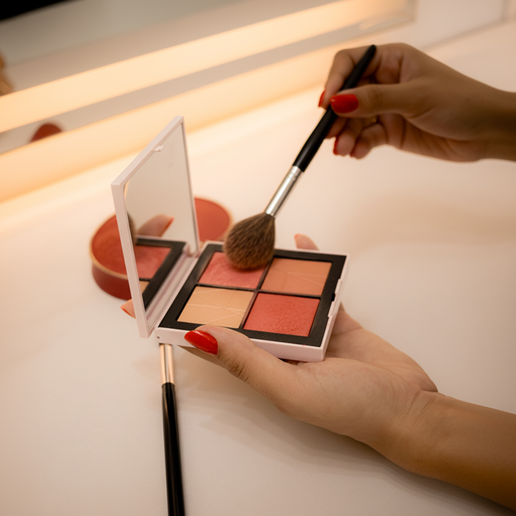 Coral Bloom Blush Palette - Open Front View with Brush