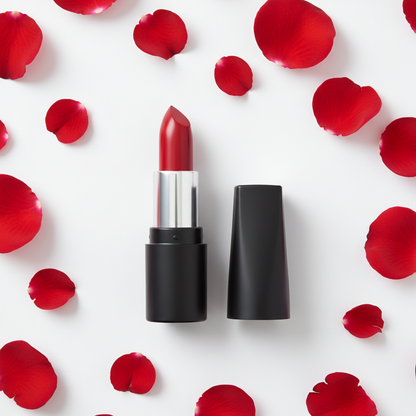 Scarlet Kiss Lipstick - Flat Lay with Rose Petals